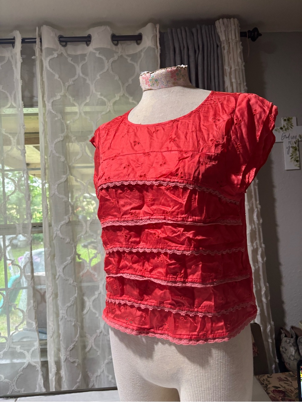 Free People Coral Red Ruffle Lace-Trim Blouse